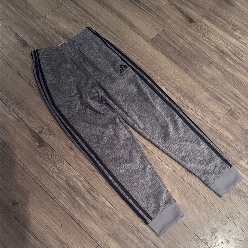 Gray Adidas Track Pants with Black Stripes
